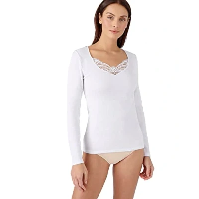 Image of Damart Women&#039;s T Shirt Manches Longues Fine Côte Guipure Thermola, White, XL