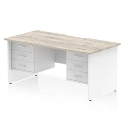 Image of Impulse 1600 x 800mm Scalloped Edge Straight Office Desk Grey Oak Top White Panel End Leg Workstation 2 3 Drawer Fixed Pedestal