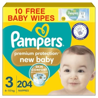 Image of Pampers Premium Protection New Baby Size 3, 204 Nappies, 6kg 10kg, Monthly Pack + Harmonie Aqua Wipes 10 Count