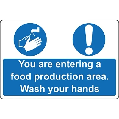 Image of You are entering a food production area Wash your hands Safety sign Self adhesive sticker (200mm x 150mm)