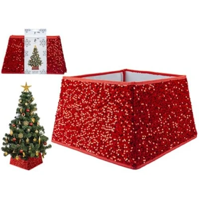 Image of Red Sequin Folding Tree Skirt 1 Piece Elegant &amp; Space Saving Design Perfect for Festive Holiday Christmas Decorations