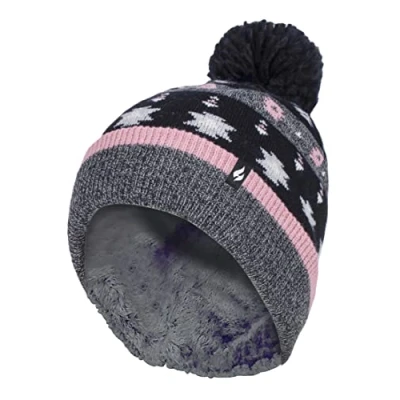 Image of HEAT HOLDERS Ladies Warm Knit Fleece Lined Winter Hat with Pom (One Size, Black/Grey)