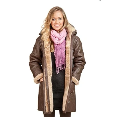 Image of Infinity Women&#039;s Brown Long Winter Hooded Real Shearling Sheepskin Leather Duffle Coat M