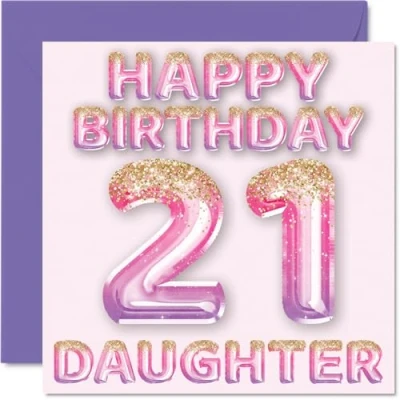 Image of 21st Birthday Card for Daughter Pink &amp; Purple Glitter Balloons Happy Cards 21 Year Old from Mum Dad Parents, 145mm x Bday Greeting Gift
