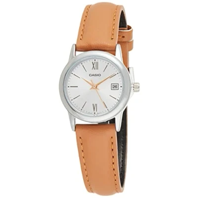 Image of Casio LTP V002L 7B3 Women&#039;s Standard Analog Brown Leather Band Silver Dial Date Watch