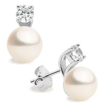 Image of Women Pearl Stud Earrings, Fresh Water Cultured Pearls Button Shape 8 9 mm with a Cubic Zirconia Stone by Secret &amp; You Sterling Silver 925 Mounts big nuts.