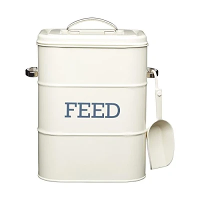 Image of KitchenCraft Living Nostalgia Pet Food Storage Tin with Metal Scoop, Dog Bin, Dry Animal Feed Biscuit Container for Bird, Cat, Rabbit, Guinea Pigs, Antique Cream