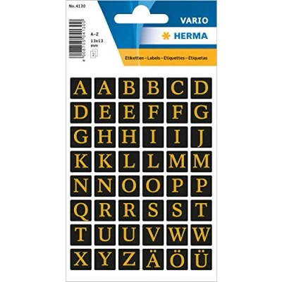 Image of HERMA 4130 Letters Stickers Gold, 96 Pieces, 13 x mm, Self Adhesive, Large, Alphanet Sticker Adhesive A Z Made of Foil for Sticking, Black