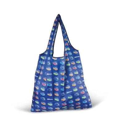 Image of BRISA VW Collection Volkswagen Reusable Polyester Shopping Bag Grocery Sack with T1 Bus Campervan Motif (Bus Parade/Blue)