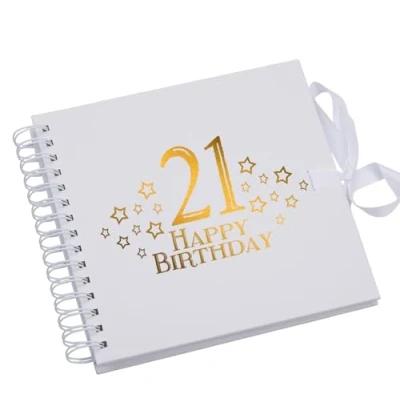 Image of 21st Birthday White Scrapbook, Guest Book Or Photo Album with Gold Script