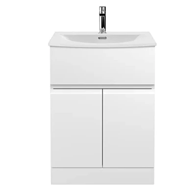 Image of Hudson Reed URB103G Urban Modern Bathroom Floor Standing 2 Soft Close Doors and 1 Drawer Vanity Unit with Round Ceramic Basin 30mm Profile, 600mm, Satin White