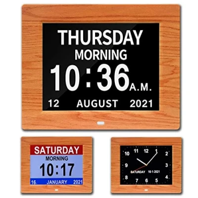 Image of CAZOKASI 3 Displays 8inch Extra Large Impaired Vision Digital Calendar Clock with Non Abbreviated Day &amp; Month Alarm Photo Frame Auto Dimmable