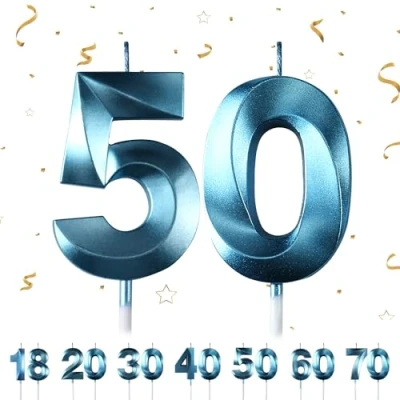 Image of 50th Birthday Number Candles,3D Blue Candle,Number 50 Candle for Party Cake Topper Decorations Woemn Men Anniversary Supplies