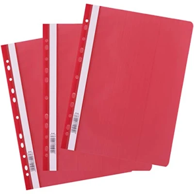 Image of D.RECT Pack of 25 A4 File folders with Perforation Made Plastic Transparent Front Cover, Loose Leaf Binder PP Film, Perforated, Euro Perforation, red