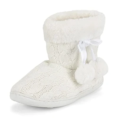 Image of Polar Womens Memory Foam Pom Winter Faux Fur Luxury Plush Cosy Anti Slip Indoor Outdoor Slippers White Knitted 9 YC0811_9