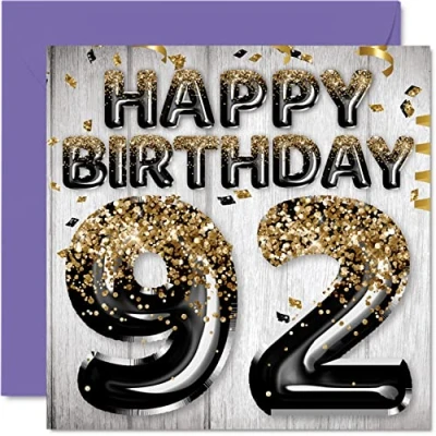Image of 92nd Birthday Card for Men Black &amp; Gold Glitter Balloons Happy Cards 92 Year Old Man Dad Great Grandad Grandpa Gran, 145mm x Ninety Two Second Bday Greeting Gift