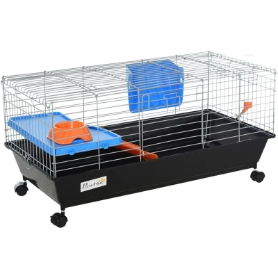 Image of PawHut Small Animal Cage Rabbit Guinea Pigs Chinchillas w/Wheels Water Bottle Food Dish Platform Ramp 89 x 44 43 cm Black