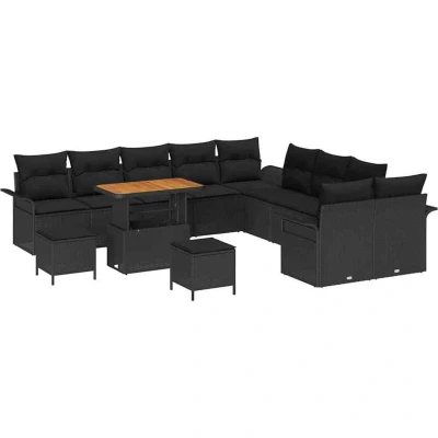 Image of vidaXL 13 Piece Garden Sofa Set with Cushions Black Poly Rattan Acacia