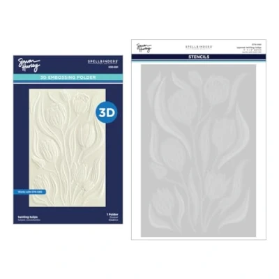 Image of Spellbinders Twirling 3D Embossing Folder and Stencil Bundle from The Tulip Garden Collection by Simon Hurley, White, ONE
