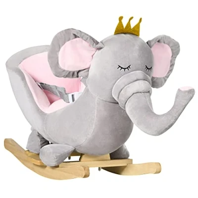 Image of HOMCOM Baby Rocking Horse Plush Ride On Elephant Rocker with Sound Safety Belt Toddler Toy for 18 36 Months