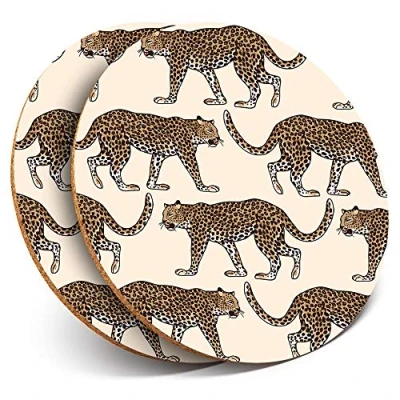 Image of 2 x Round Coasters Jungle Leopard Pattern Big Cat Wild Cork Backed Home Kitchen Accessory Tea Coffee Mug Mat #45448