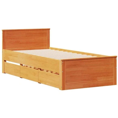 Image of vidaXL Bed Frame 75x190cm Wax Brown Solid Pine Wood Bedroom Single without Mattress/Headboard Drawer Storage, Slatted Base