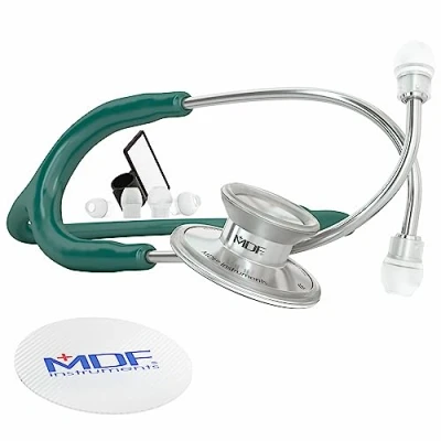 Image of MDF Acoustica Lightweight Stethoscope, Adult, Dual Head, Dark Green Tube, Silver Chestpiece Headset, MDF747XP09