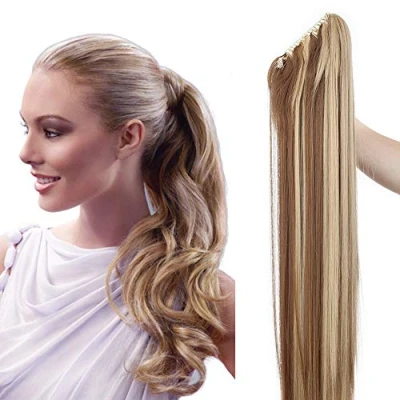 Image of 26&quot; Long Wrap Around Ponytail Clip In Silky Soft Hair Extensions Synthetic Light Brown &amp; Ash Blonde(66cm 150g)