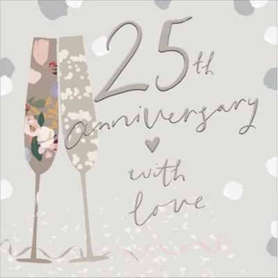 Image of Woodmansterne 25th Milestone Silver Anniversary Card 25 Years Champagne Flutes Embossed with Foil Details Eco Friendly and Recyclable