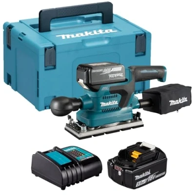 Image of Makita DBO382RTJ 18V Li ion LXT Brushless Finishing Sander Complete with 2 x 5.0 Ah Batteries and Charger Supplied in a Makpac Case