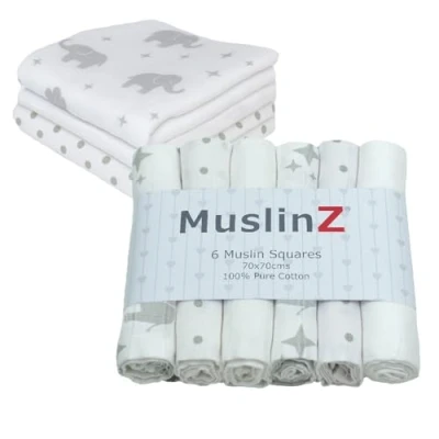 Image of MuslinZ 6PK Baby Muslin Squares, Burp Cloths, Nappies, Soft, Absorbent and Breathable 100% Cotton 70x70cm (Grey Elephant)