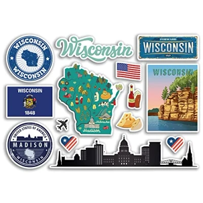 Image of A5 Sticker Sheet Wisconsin Landmarks Vinyl Stickers America States USA American Airport Stamps Skyline Flag Map Travel Holiday Scrapbooking City Luggage #79186