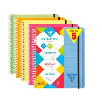Image of Clairefontaine Ref 328776C Linicolor Wire bound Proactiv Notebook (90 Sheets) A5+ Size, Lined Ruling, 90gsm Brushed Vellum Paper, Ribbed Polypro Cover Assorted Colours (Pack of 5)
