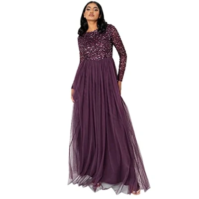Image of Maya Deluxe Women&#039;s Embellished Long Sleeve Maxi Dress Bridesmaid, Berry, 16