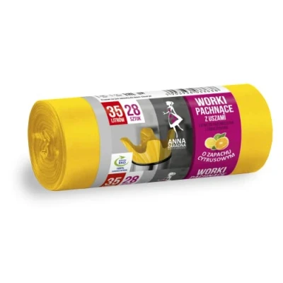 Image of ANNA ZARADNA ST AZ 033638 Bin Liners with Handles, 35 L, Strong, Pack of 28, Citrus Fragrance, Rubbish Bag, Bags for Household Office, Made HDLD Film, Colour: Yellow