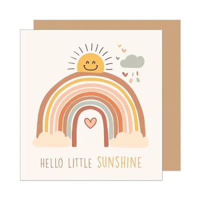 Image of Edition Seidel Premium Square Birth Greeting Card with Envelope. Saying Hello Little Sunshine For Him or Her Baby Son Daughter Boy Girl Event Rainbow Sun (EQ102 SW024)