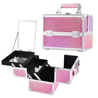 Image of Joligrace Makeup Box Vanity Case Cosmetic Organiser Beauty Storage Train with Mirror, Lockable Keys, Holographic Pink
