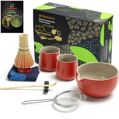 Image of TEANAGOO Matcha Set Whisk Bowl with Pouring Spout Scoop Holder Tea Making Kit. Japanese (7pcs) + 2Cups(7.2oz),S19,Red,Color Box Packing