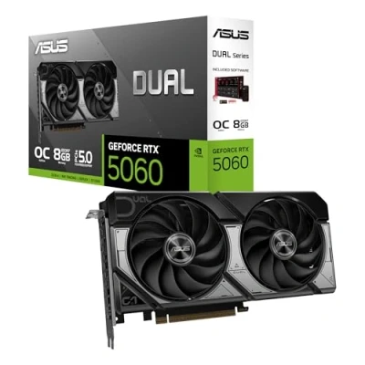 Image of ASUS DUAL RTX5060 OC, PCIe5, 8GB DDR7, HDMI, 3 DP, 2565MHz Clock, Overclocked, Compact SFF Ready
