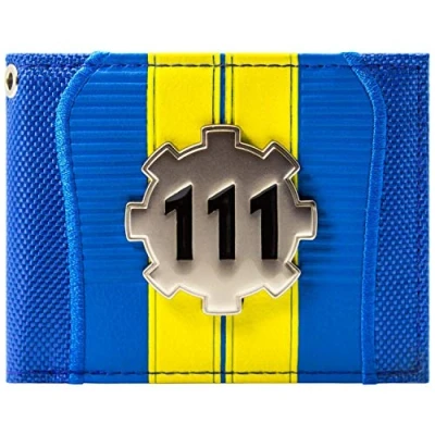 Image of Fallout 4 Vault 111 Silver Metal Cog Badge Wallet Bi Fold ID &amp; Card Holder, Blue