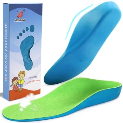 Image of Ailaka Kids Orthotic Arch Support Shoe Insoles, Children PU Foam Cushioning Inserts for Flat feet, Plantar Fasciitis, Feet Heel Pain Relief, Green, 8.5/11 UK Child