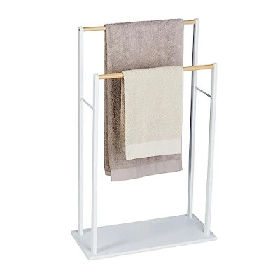Image of Relaxdays Towel Rack, 2 Bars, MDF &amp; Bamboo, HWD: 91.5 x 57 25 cm, Free Standing, Bathroom Drying Rail, White/Natural, Fibreboard