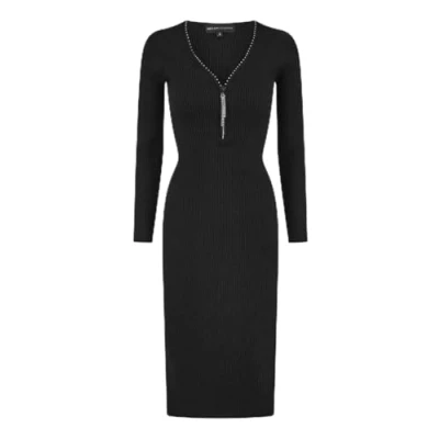 Image of Yumi Black Rib Fitted Midi Dress with Diamante Detail Zip Neckline M
