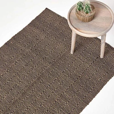Image of HOMESCAPES Medium Modern Jute Rug Black and Natural Diamond Geometric Aztec Design 120 x 180cm (4ft 6ft) Heavy Duty Suitable for Halls, Living Rooms or Conservatories
