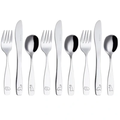 Image of Exzact Childrens Cutlery 9pcs Stainless Steel, Kid Cutlery/Todler Silverware, Dishwasher Safe, 24M+, Dinosaurs