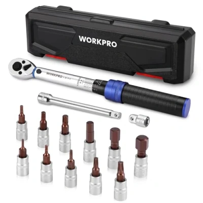 Image of WORKPRO 1/4 Torque Wrench, 14 Piece Bike Wrench Set 2 26N.m, with Dual Direction Adjustable 72 Teeth, Non Slip Handle, Extension Bar, Socket for Car, Bicycle Repair