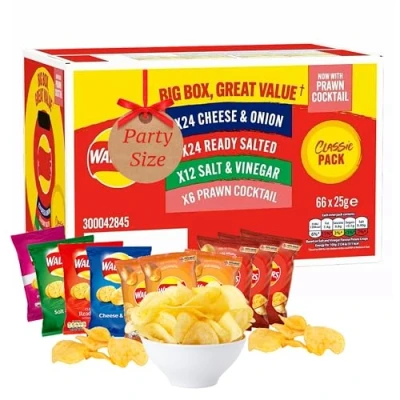 Image of Assorted Flavour Potato Crisps Multipack Snack Box of 66 x 25g Classic + 6 EXTRA Bags: 3 Chicken &amp; Tomato. Snacks for Birthday Party, Pub TOTAL BAGS 72