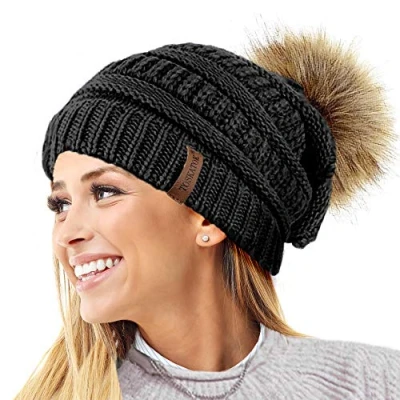 Image of TOSKATOK® Ladies Textured Knit Beanie Hat with Detachable Faux Fur Pom Buy 1 2 Poms…