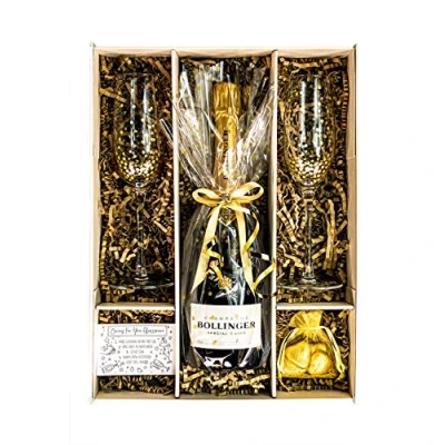 Image of Bollinger Champagne 75cl Gold Polka Dot Gift Set With 2 Matching Flutes and Chocolates Fully Boxed Lovers Hamper Box Anniversary for Couples, Him Her (Bollinger)