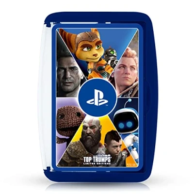 Image of Top Trumps PlayStation Limited Edition Card Game, 30 of Sony&#039;s videogames in one deck, Play with Kratos from God War, Abby The Last Us II and Bloodborne&#039;s Hunter, players aged 18 plus